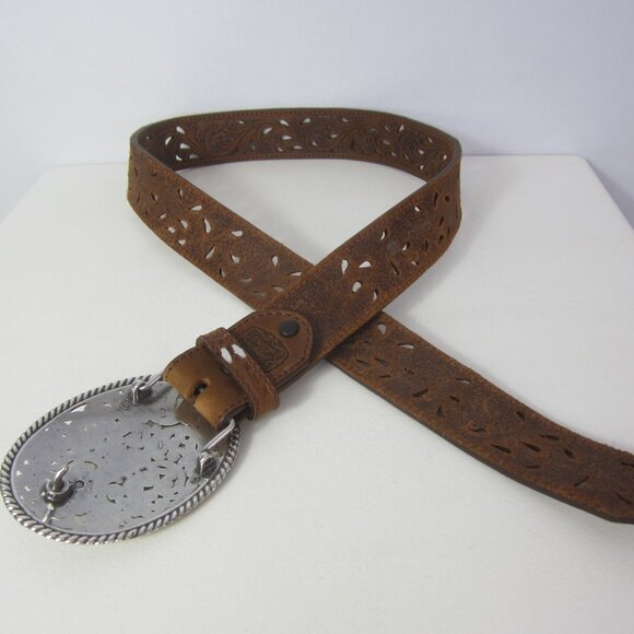New Tony Lama Women 32 Brown Pierced Leather Filigree Belt Silvertone Buckle - Picture 5 of 12